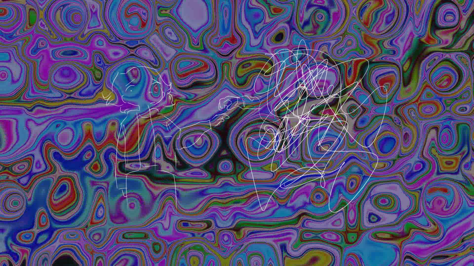 A line drawing depicting a worried person reaching toward a disembodied arm with scribbles behind it all atop a colorful background.